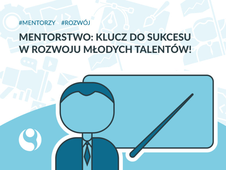 grafika z napisem "Mentorstwo" przedstawia ludzika, który wskazuje na tablicę